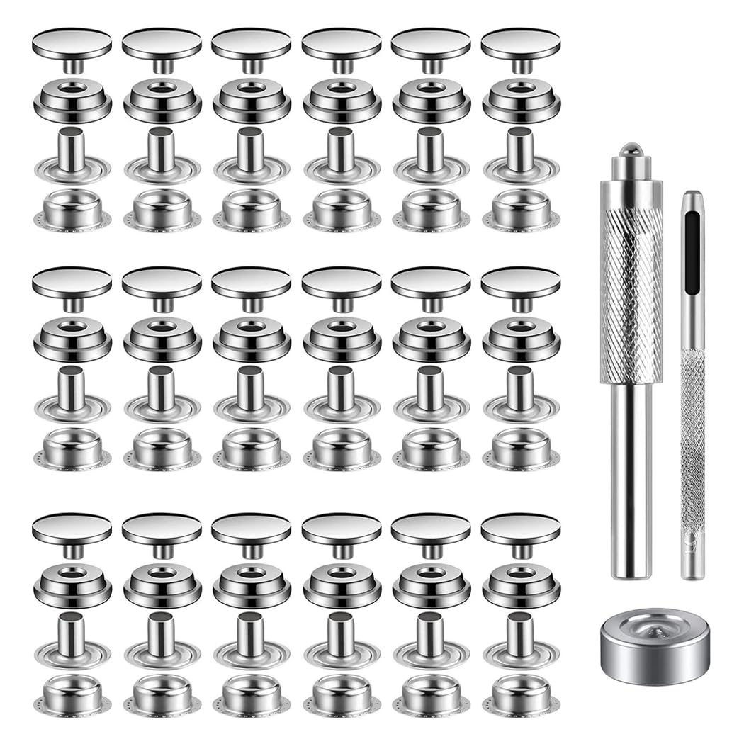 Youery 18 Sets Press Stud Kits, 15 mm Stainless Steel Metal Press Studs with 3 Push Button Installation Tools, Metal Buttons for Clothes, Leather, Crafts, Jacket, Wallet, Handbag