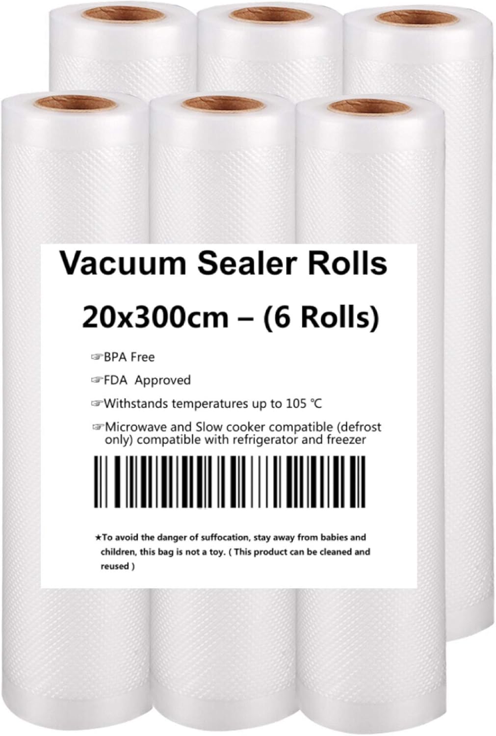 Vakuumrollen, Profi- Folienrollen 6 Vakuumrollen 20x300cm, Folienbeutel für Folienschweißgerät/Vakuumiergerät, ideal für sous vide Kochen- Humbgo