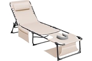 Flamaker Face Down Chaise Lounge Chair 5-Position Adjustable Sunbathing, Foldable Tanning Chair with Face& Arm Holes, Outdoor Recliner Chair for Pool, Beach, Patio, Lawn (Beige, 1 Pcs)