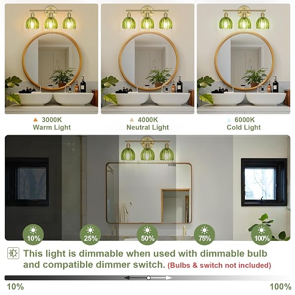 KVHIIW VINTAGE BATHROOM LIGHT FIXTURES,3-LIGHT HARDWIRED VANITY LIGHTS WITH GREEN TULIP GLASS SHADE,GOLD BATHROOM VANITY LIGHT FOR MIRROR RESTROOM,E26 SOCKET,18.5 IN(BULBS NOT INCLUDED)