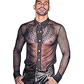 NICEYST See Through Long Sleeve Shirt for Men Black Sheer Mesh Long Sleeve Tops Button Front Disco Party Clubwear Outfit