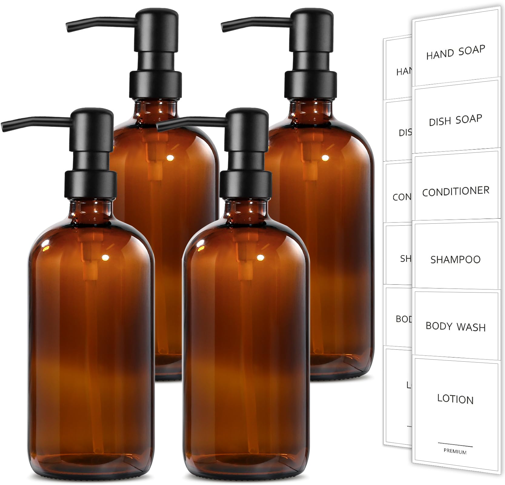 GMISUN Amber Glass Soap Dispenser, 4 Pack Bathroom Hand Soap Dispensers with Stainless Steel Pump, 17 Fl Oz Kitchen Hand and Dish Soap Dispenser Set, Modern Vintage Liquid Brown Soap Dispensers Bottle Image