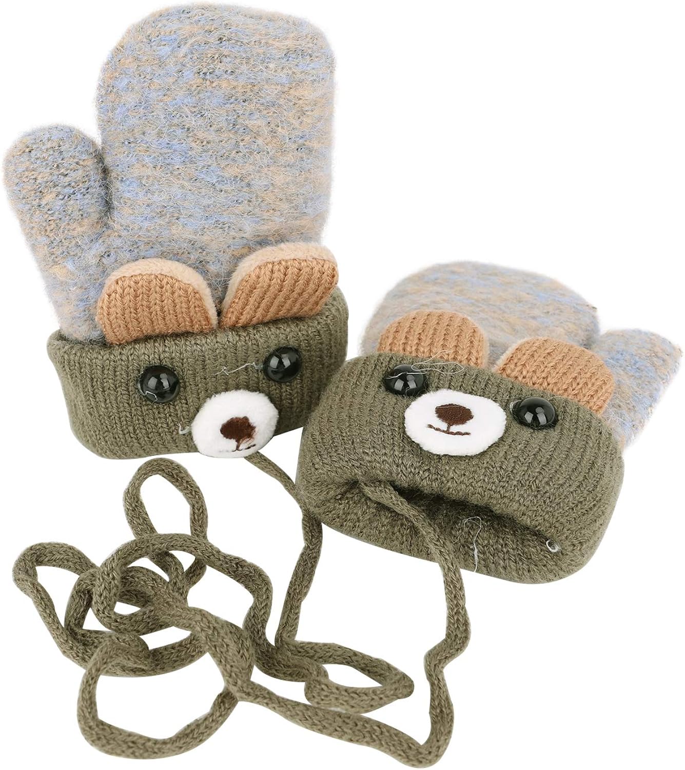 RUIXIA Kids Winter Knitted Gloves Cute Cartoon Bear Hang Neck Mittens Newborn Baby Warm Mitten Thicken Cashmere with Rope Mitten Thermal Full Finger Wrist Glove Boy Girl 0-3Y Gift - Image 4