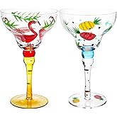 ZAVOOS Set of 2 Margarita Glass, 10 Oz Mexican Hand Blown Glasses for Martini, Hand Painted Modern Wine Glasses Coupe Cocktail Drinkware for Champagne, Cinco de Mayo, Party Decorations