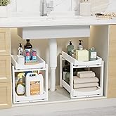 Wisuce Essentials Bamboo Under Sink Organizer Adjustable Height 2 Tier Bathroom Organizer Pull Out Cabinet Storage Kitchen Heave Duty Wood Slide Ou Shelf for Kitchen Bathroom (White, 2 Packs)