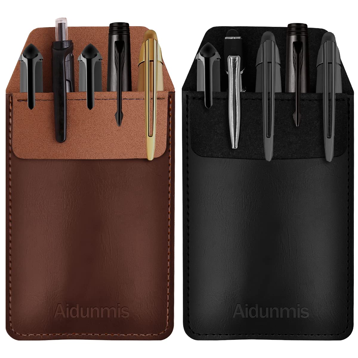 Photo 1 of Pocket Protector, 2 Pieces PU Leather Pocket Pen Holder Organizer Pouch for Shirts Lab Coats Pants Pen Sleeve MultiPurpose Pen Pocket Holds Pens Pointers Pencils and Notes Card (Brown, Black)