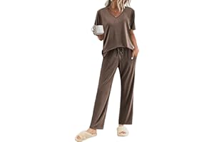 Ekouaer Womens Ribbed Knit Lounge Set Short Sleeve Top and Long Pants Sleepwear Pajama Set Two Piece Matching Outfits Set