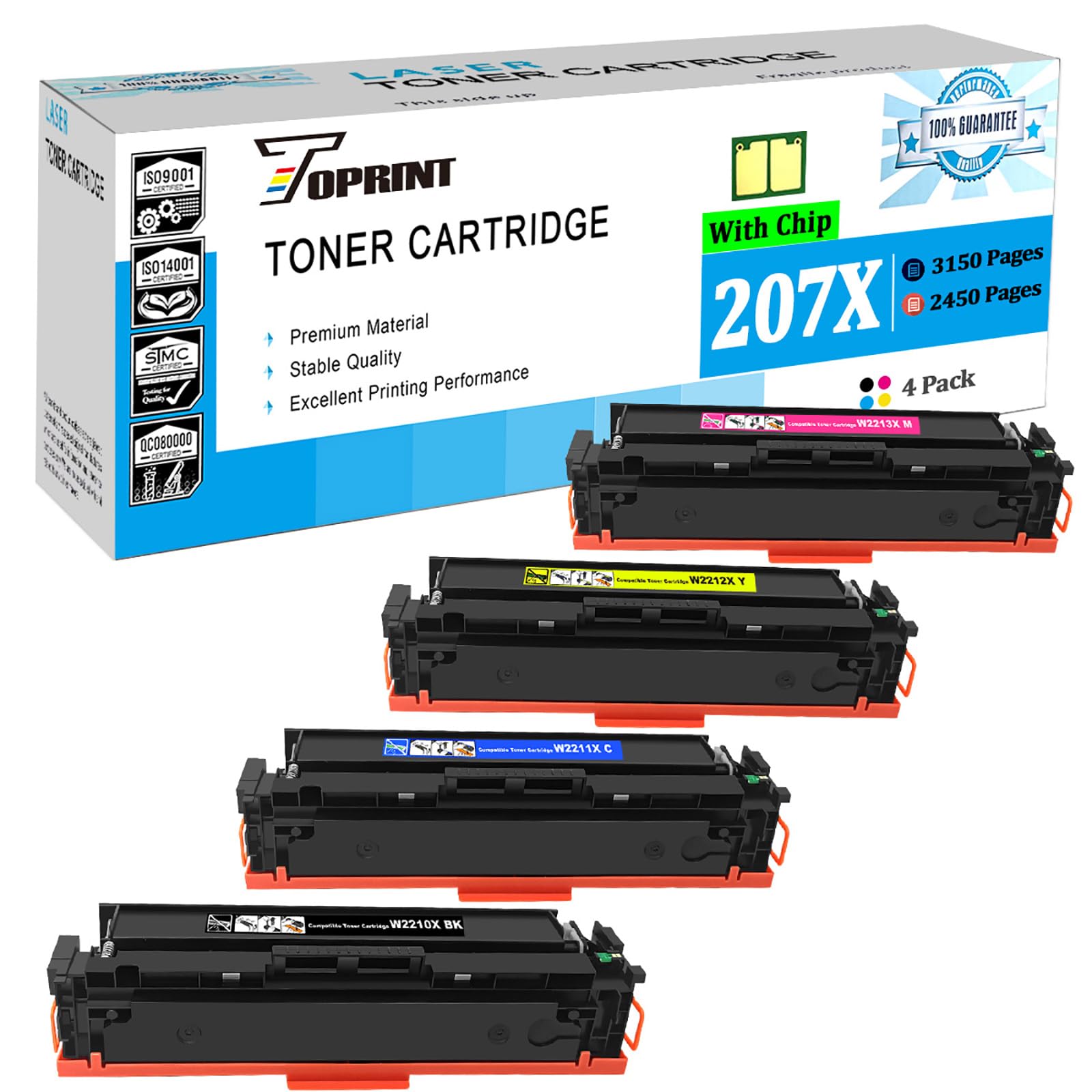 TOPRINT [with Chip 4 Packs 207X Remanufactured Toner Cartridges W2210X W2211X W2212X W2213X High Yield 3150 Pages Black, 2450 Pages CMY for M255dw M255nw M282nw M283fdw M283fdn M283cdw