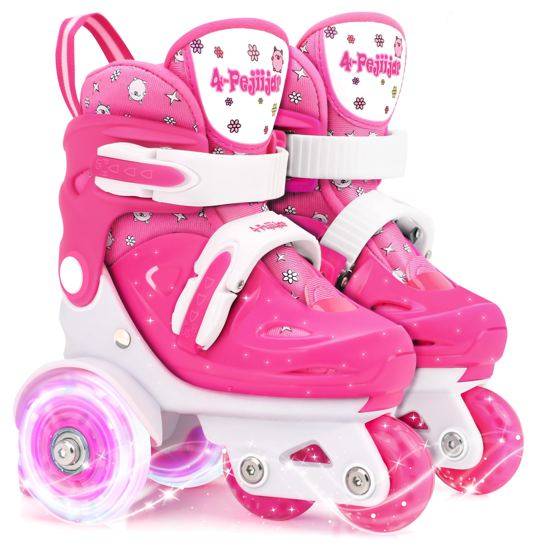 Quad Roller Skates for Kids Girls with Adjustable Size (Age 3-9), Double Brakes, Luminous Wheels, 3-Point Balance, Include Knee Pads Elbow Pads Wrist Guards Image