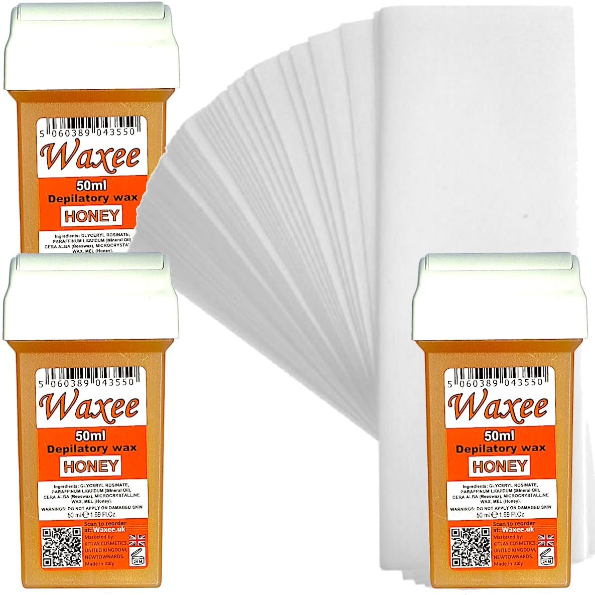 Waxee Compatible for Veet EasyWax 50ml roll on Wax Replacement Roller Wax Cartridge Honey (3 x 50ml roll-on + 25 Strips)