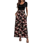 HAOMEILI Women's Short Sleeve Loose Plain Long Maxi Casual Dresses with Pockets 2XL Rose Black