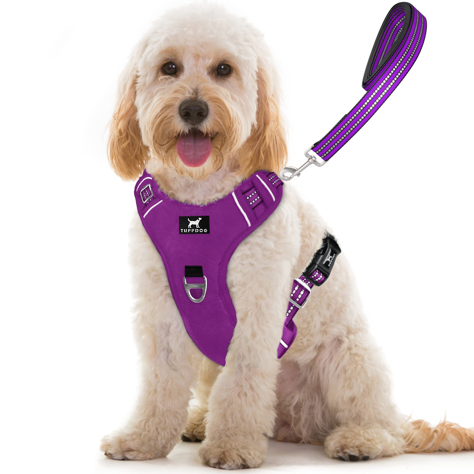 TUFFDOG Easy-Fit Dog Harness Medium - Fast Release Neck Clip, Premium Padded Reflective No Pull Harness with Control Handle, Adjustable Step-in Dog Vest Plus Free Matching Lead (M, Vivid Violet)
