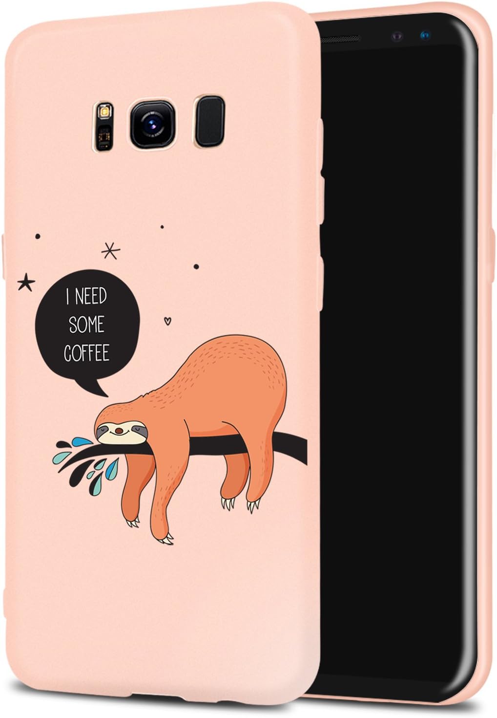 JOYLAND Pink Phone Case for Samsung S8 Plus Animal Sloth Design [ I Need Some Coffee] Words Printed Soft Case Rubber Bumper Protective Back Case Cover