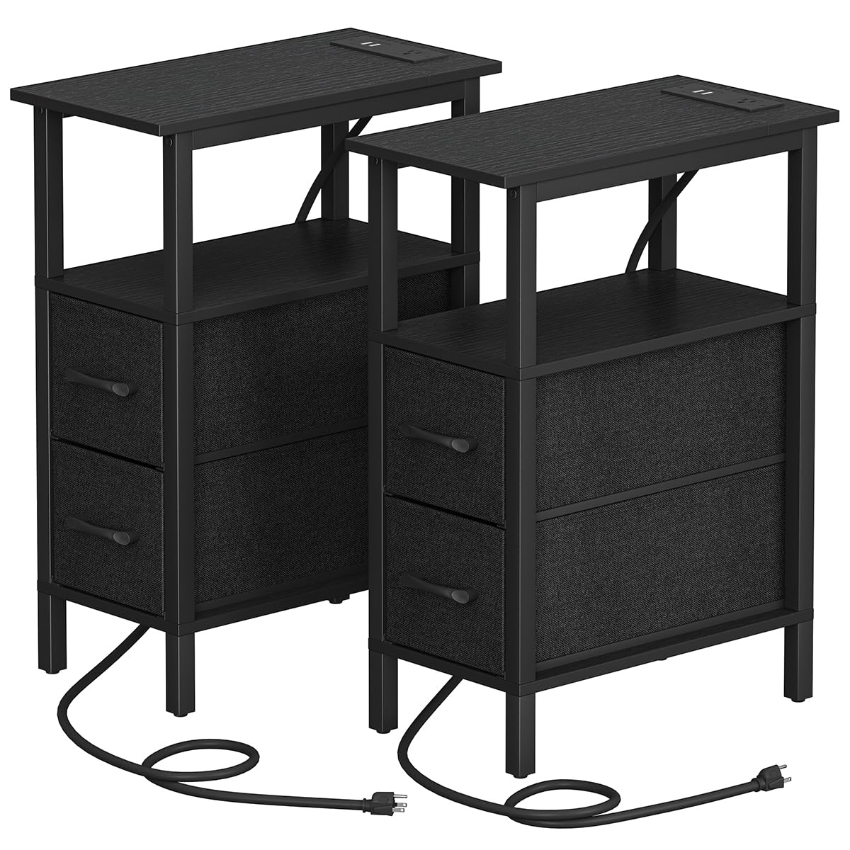 Photo 1 of 2 Set Narrow Side Table for Small Spaces, Skinny End Table with Charging Station, Sofa Beside Table with 2 Fabric Drawers and 1 Open Compartment, Slim Nightstand with USB Ports Outlet, Black UTBT004B