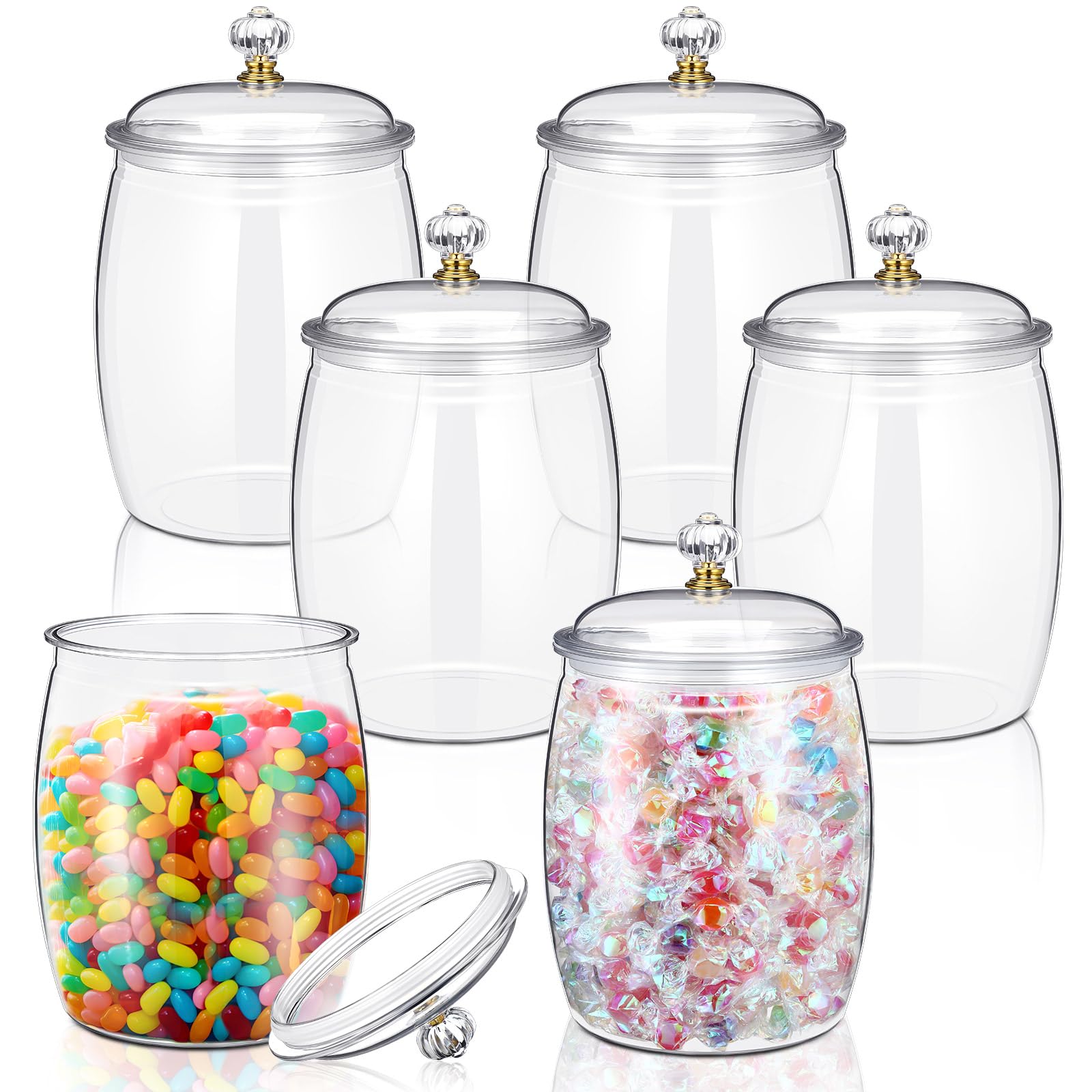 Photo 1 of Nuogo 6 Pcs Plastic Candy and Cookie Jar with Lids Decorative Apothecary Jars Candy Buffet Containers Clear Airtight Food Storage Canister Home Decoration(42 oz,Classic)