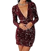 R.Vivimos Womens Glitter Sequin Party Dresses Fall Winter Long Sleeve Sexy Deep V Neck Cut Out Sparkly Club Velvet Mini Dress