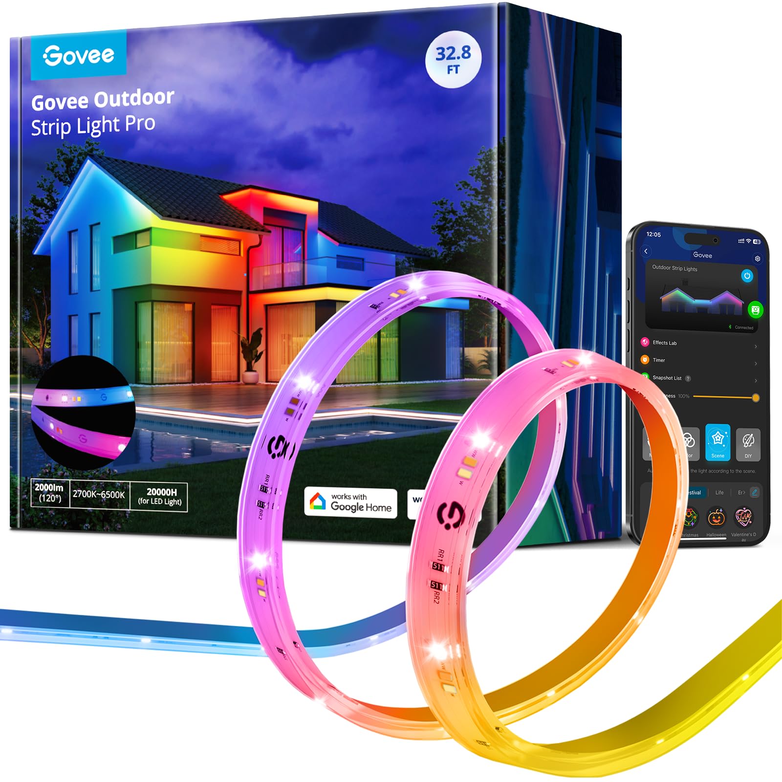 Photo 1 of Govee Outdoor LED Strip Lights RGBIC with Warm and Cold White, 32.8ft 2.4G WiFi Smart Outdoor Lights, IP65 Waterproof, Work with Alexa and Google Assistant, App Control, for Porch, Patio, Eave, Party