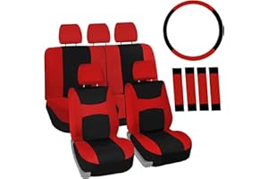 FH Group Car Seat Covers Full Set Cloth, Universal Fit combo, Automotive Covers, Low Back Front Airbag Compatible,Split Bench Rear Seat,Washable Cover for SUV,Sedan,Van Red