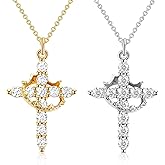 CLOORDE 2 Pcs Crown Cross Necklaces for Women 14k Gold Zircon Cross Pendant Necklace Rotatable Crown-Cross Choker Religious Christian First Communion Jewelry Gifts for Her