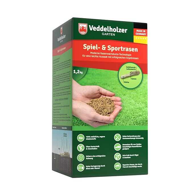 Veddelholzer Garten Rasenpellets Sport und Spielrasen – Rasensamen für robusten und widerstandsfähigen Rasen – Grassamen für 