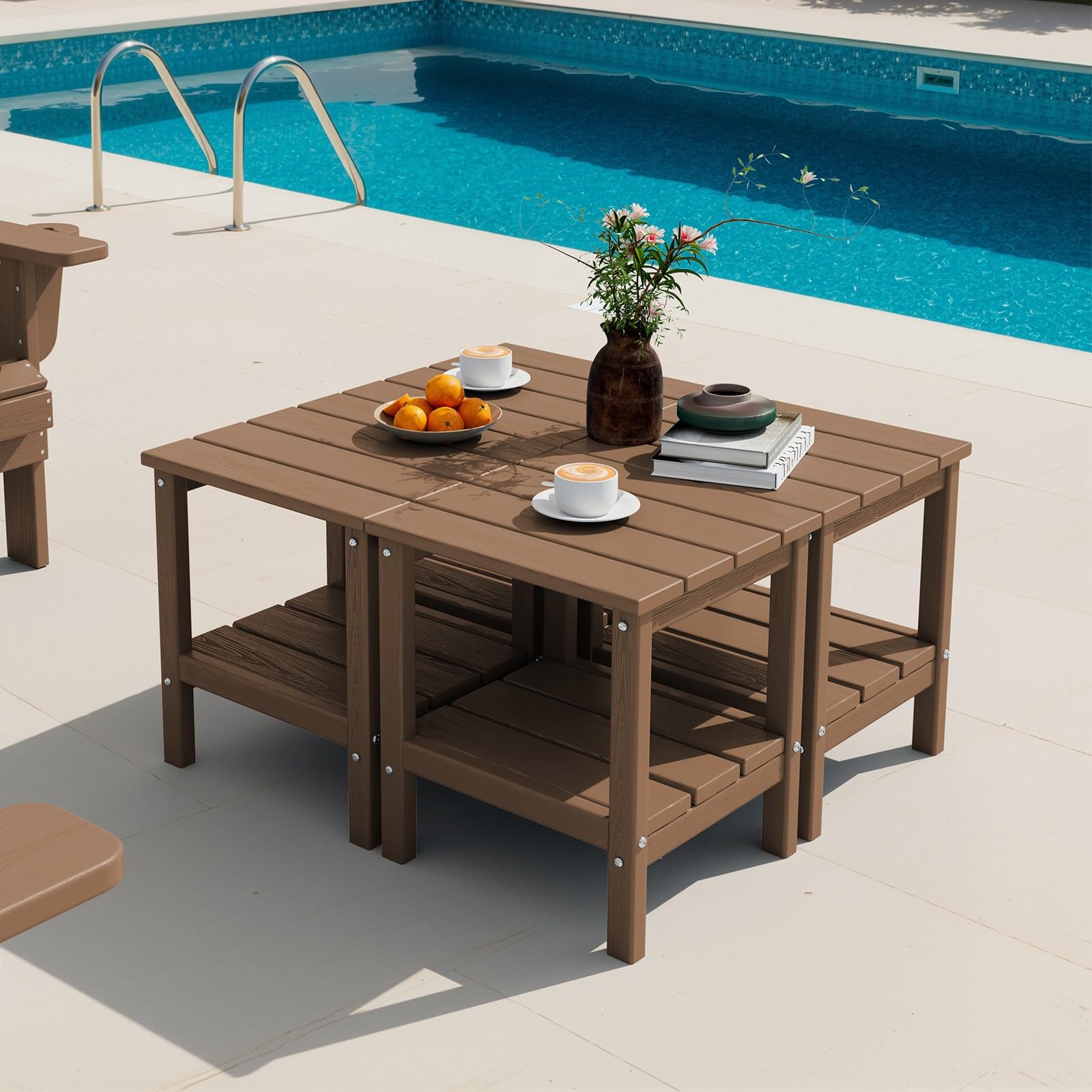 SERWALL 2-Tier HDPE Outdoor Side Tables Set of 4, Weatherproof Rectangular Adirondack Side Table, Brown Image