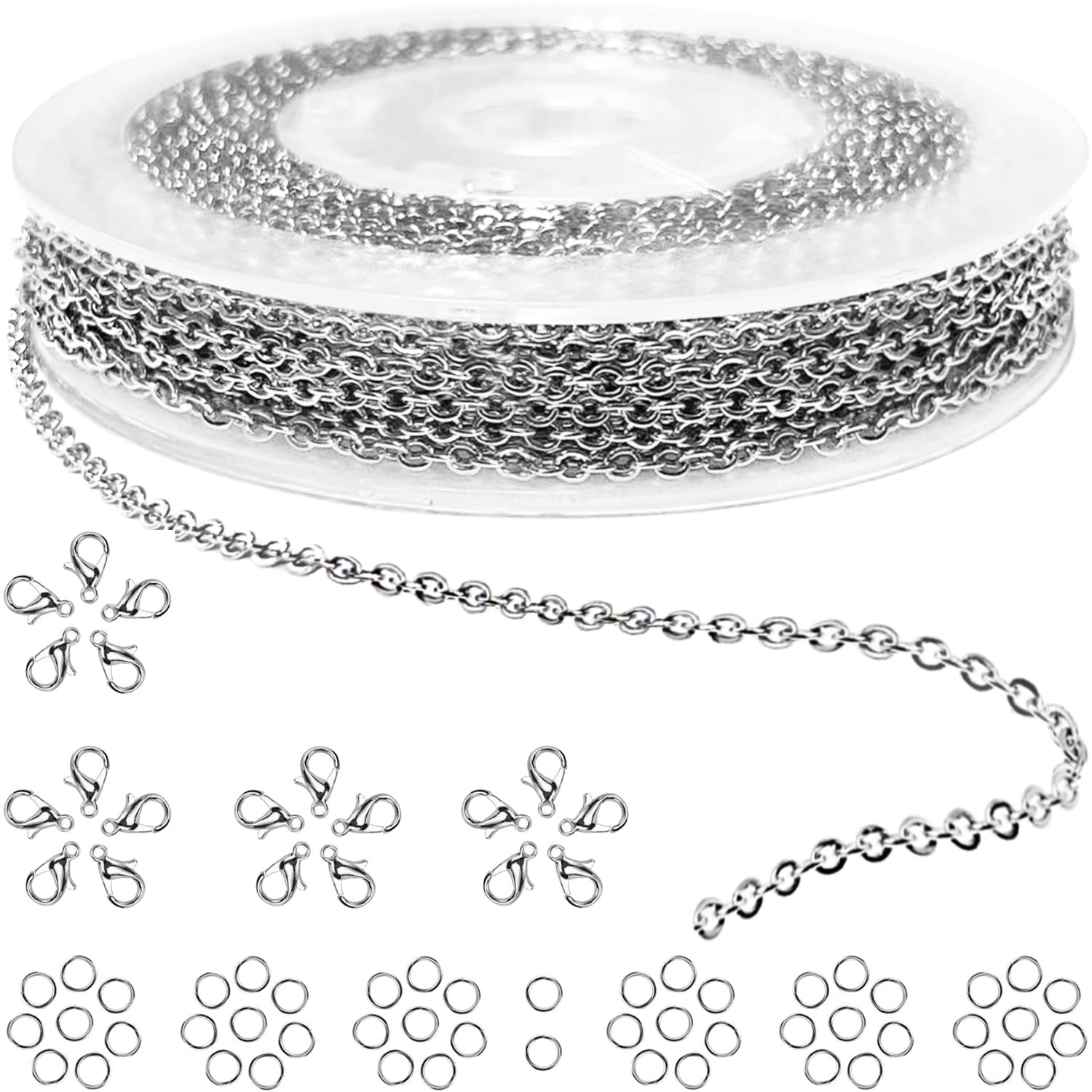 Photo 1 of Jishi 33ft Silver Stainless Steel Chain 2mm Jewelry Necklace Link Cable Chain for Jewelry Making Bracelets Earring Craft Supplies DIY Findings - Metal Rolo Link Chain Roll w/Lobster Clasps, Jump Rings