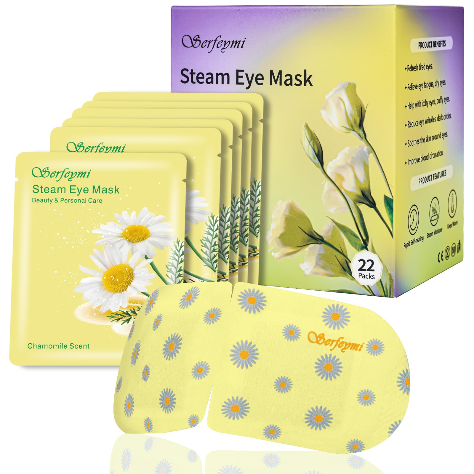 Serfeymi Self Heating Steam Eye Mask 22PCS- Disposable Sleep Warming Eye Mask for Puffy, Dry Eyes, Moist Hot Warm Eye Compress, Relief Eyes Fatigue Chamomile