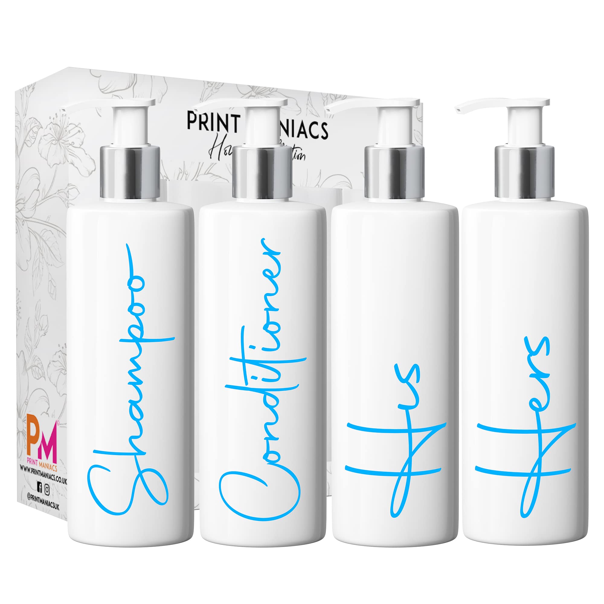Print Maniacs White Mrs Hinch Inspired Personalised 500ml Pump Bottles Bathroom Lotion Kitchen Set Shampoo Conditioner (Set 4 His Her, F2 ) (Baby Blue)