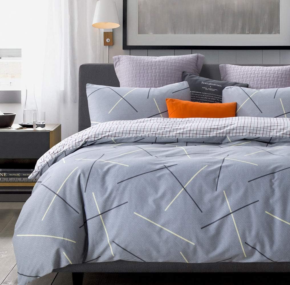 ATsense Duvet Cover Queen, 100% Cotton, Stylish Line Printed Pattern, 3-Piece, Ultra Soft and Easy Care, Simple Fashion Style Bedding Set (Q003XD)