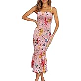 PRETTYGARDEN Women's Summer Floral Midi Tank Dress Sleeveless Strappy Ruffle Hem Smocked Bodycon Dresses