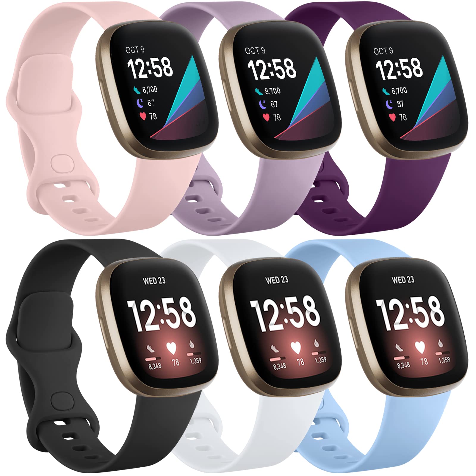 Charlam 6 Pack Straps Compatible with Fitbit Versa 3/ Versa 4 Straps/Fitbit Sense/Sense 2 Strap, Soft Sport Watch Strap Replacement Wristbands for Women Men, Small, Light Colours — image 1