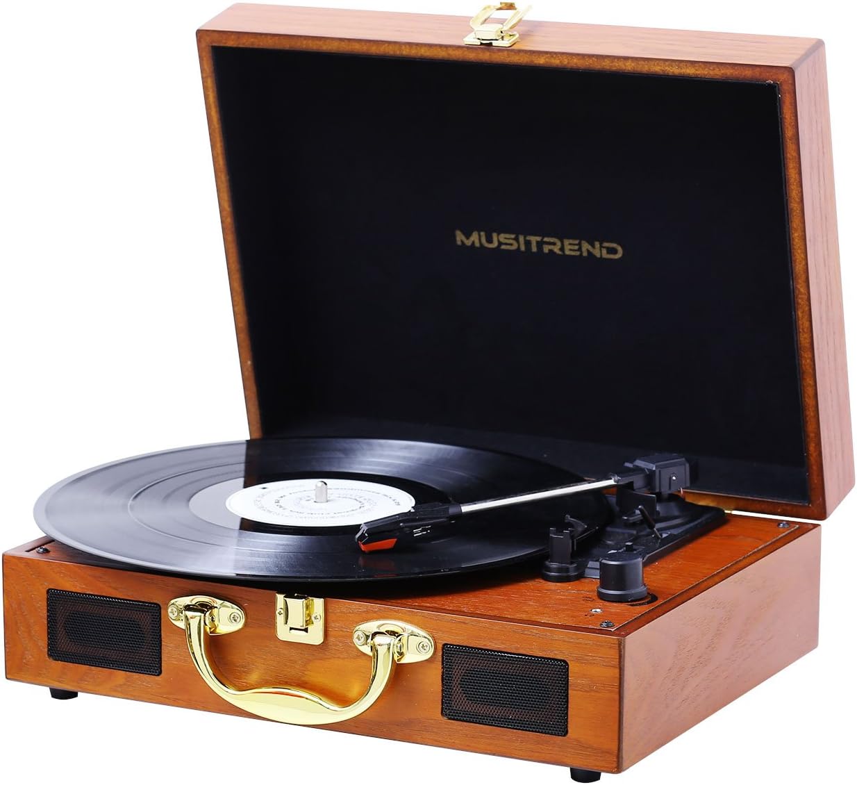 MUSITREND Wood Suitcase Turntable with Built-in Speakers Vinyl-to-MP3 Recording