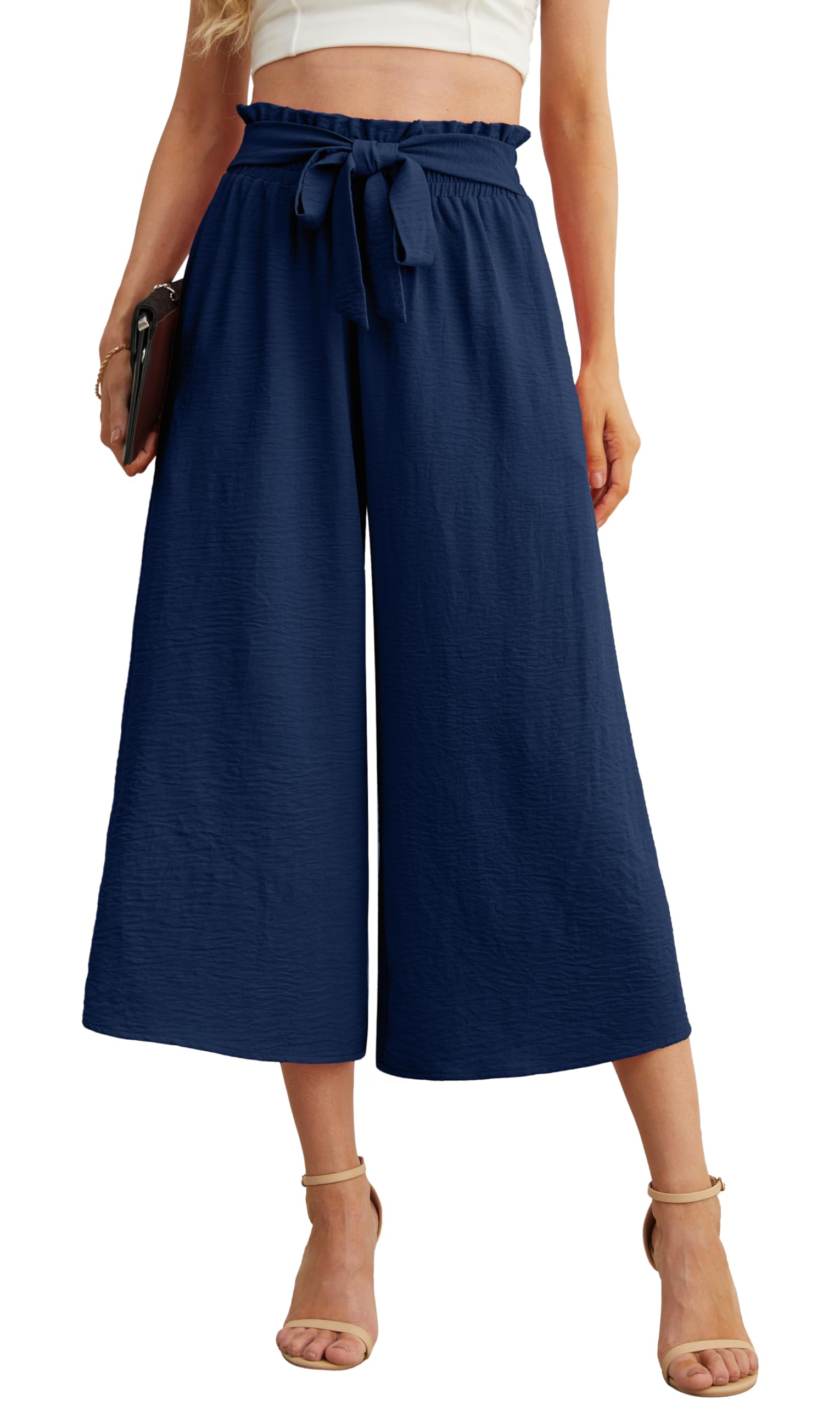 Photo 1 of IWOLLENCE Women Flowy Loose Wide Leg Pant Summer Beach Casual Trousers high Waist Adjustable Knot Business Work Casual Pants Dark Blue XX-Large