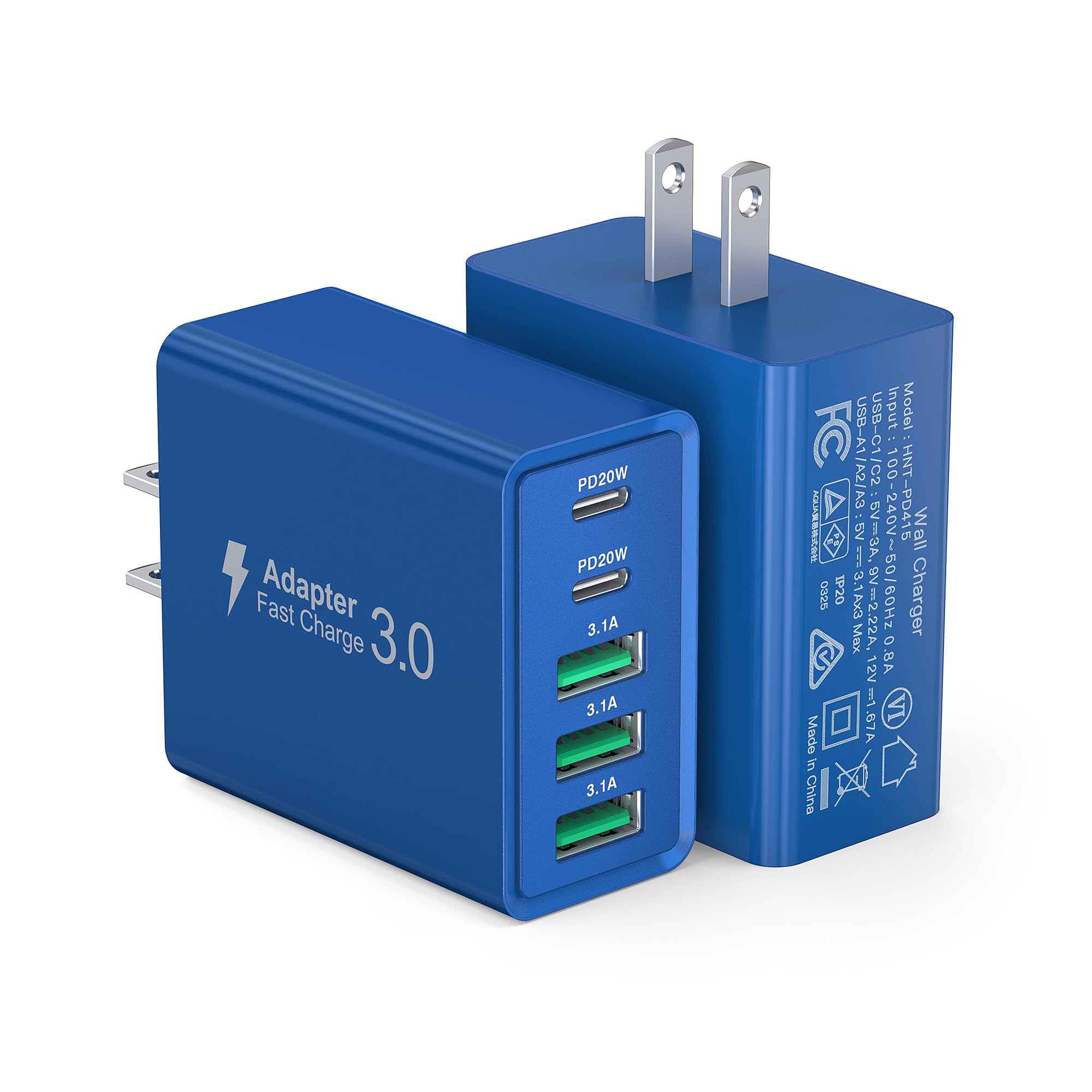 USB C Wall Charger, 50W USB C Charger Block 2-Pack 5-Port PD Fast Charging Blocks,Multiport 2USB C+3USB A Plug,Type C Power Adapter Brick Cube for iPhone 17/16/15/14/13,Samsung,for Switch（Dark Blue）