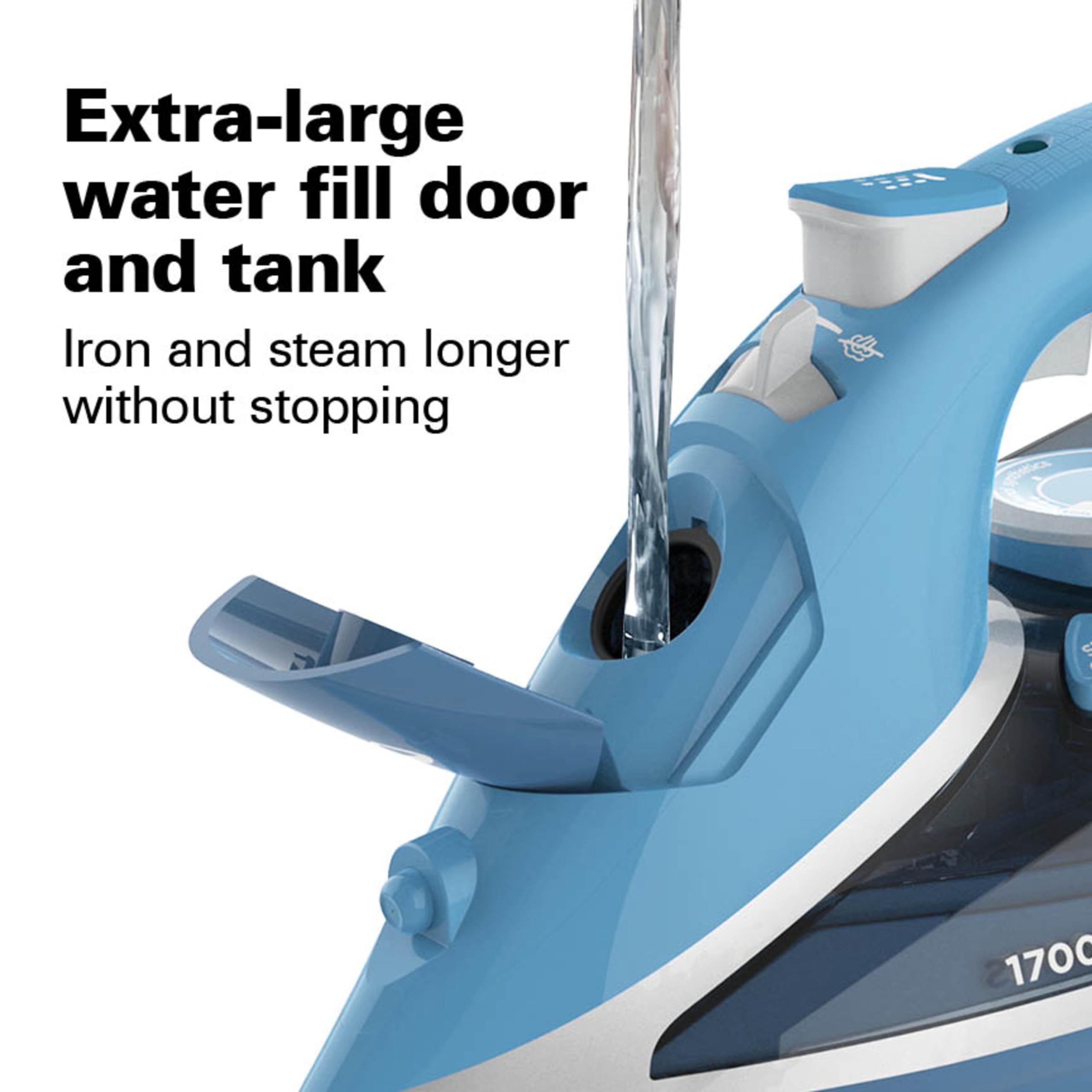Hamilton Beach Steam Iron for Clothes & Garment Steamer with Durable Stainless Steel Soleplate, 1700 Watts for Ultra-Fast Heat, 8’ Retractable Cord, Auto Shutoff, 350 ml Water Tank, Blue (14216)