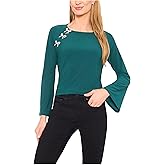 CeCe Womens Pearl Bow Applique Long Sleeve Knit Top