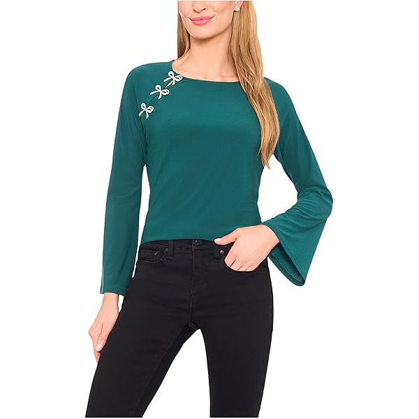 CeCe Womens Woven Collar Long Sleeve Knit Top Dark Forest X-Small
