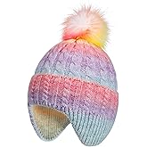 Girls Ski Beanie with Ear Flaps - Rainbow Warm Knit Skull Cap for Girls, Cozy Fleece-Lined Hat for Outdoor Play & Daily Use