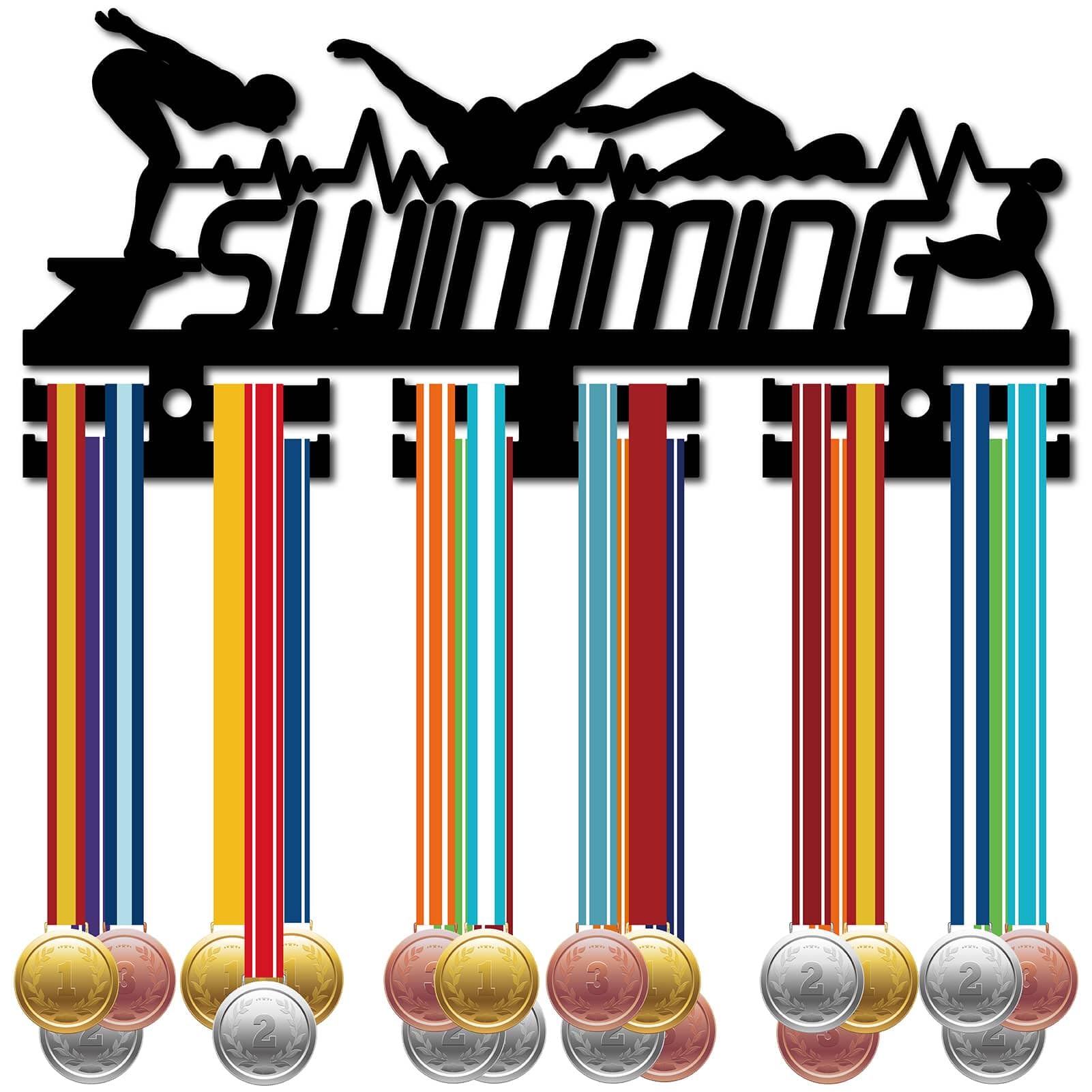 CREATCABIN Swimming Medal Holder Hanger 60+ Medals Rack Medal Holder Display Black Acrylic Medal Shelf Hanger Organizer Medal Stand Frame 3 Lines Wall Mounted Hanging for Medalist 5x11.4Inch