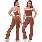 TDIFFUN Women Workout Sets 2 Piece Sleeveless Crop Tank Tops Flare High Waisted Leggings Contrast Trim Gym Yoga Outfits