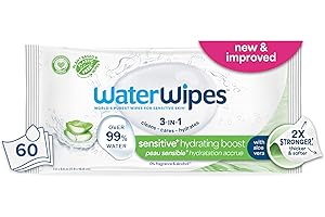 WaterWipes Sensitive+ Hydrating Boost Wipes, 3-In-1 Cleans, Cares, Hydrates, 99% Water with Aloe Vera, Unscented & Hypoallergenic Baby Wipes, 60 Count (1 Pack)