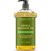 Majestic Pure Arnica Sore Muscle Massage Oil for Massage Therapy - 8 Fl Oz | 100% Natural Arnica Massage Oil with Chamomile &amp; Lavender Oil, Ideal for Massage &amp; Relaxation,Fast Absorbing, Non-Greasy Feel