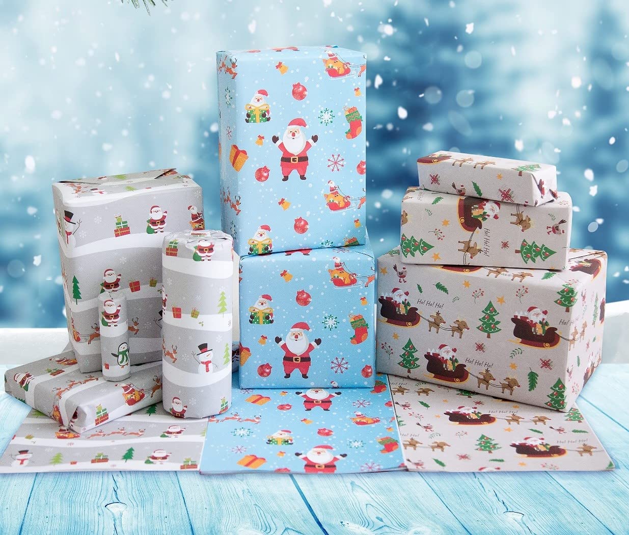 Christmas Wrapping Paper, Fully Recyclable, 6 Extra Large Sheets 85 x 60 cm with Three Different Designs, Printed with Vegetable Inks in The UK on Premium Quality Paper.
