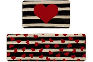 Artoid Mode Watercolor Stripes Love Heart Kitchen Mats Set of 2, Seasonal Valentine's Day Anniversary Wedding Holiday Low-Profile Floor Mat for Home Kitchen - 17x29 and 17x47 Inch