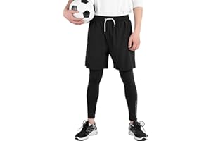 TLAENSON Boys Compression Pants Kids 2 in 1 Football Sports Leggings with Shorts with Zipper Pockets
