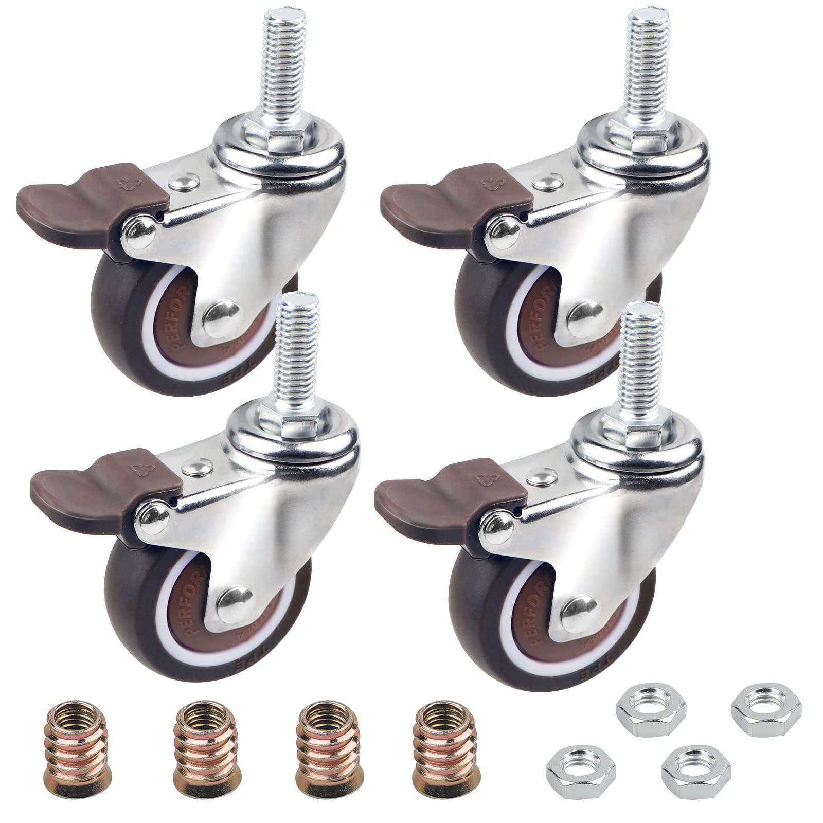 DBREAKS 4 x transport castors, 50 mm, swivel castor with brake made of TPE, M10 x 25 mm with thread, swivel castor with threaded pin, capacity 108 kg in total, rubber roller for small devices
