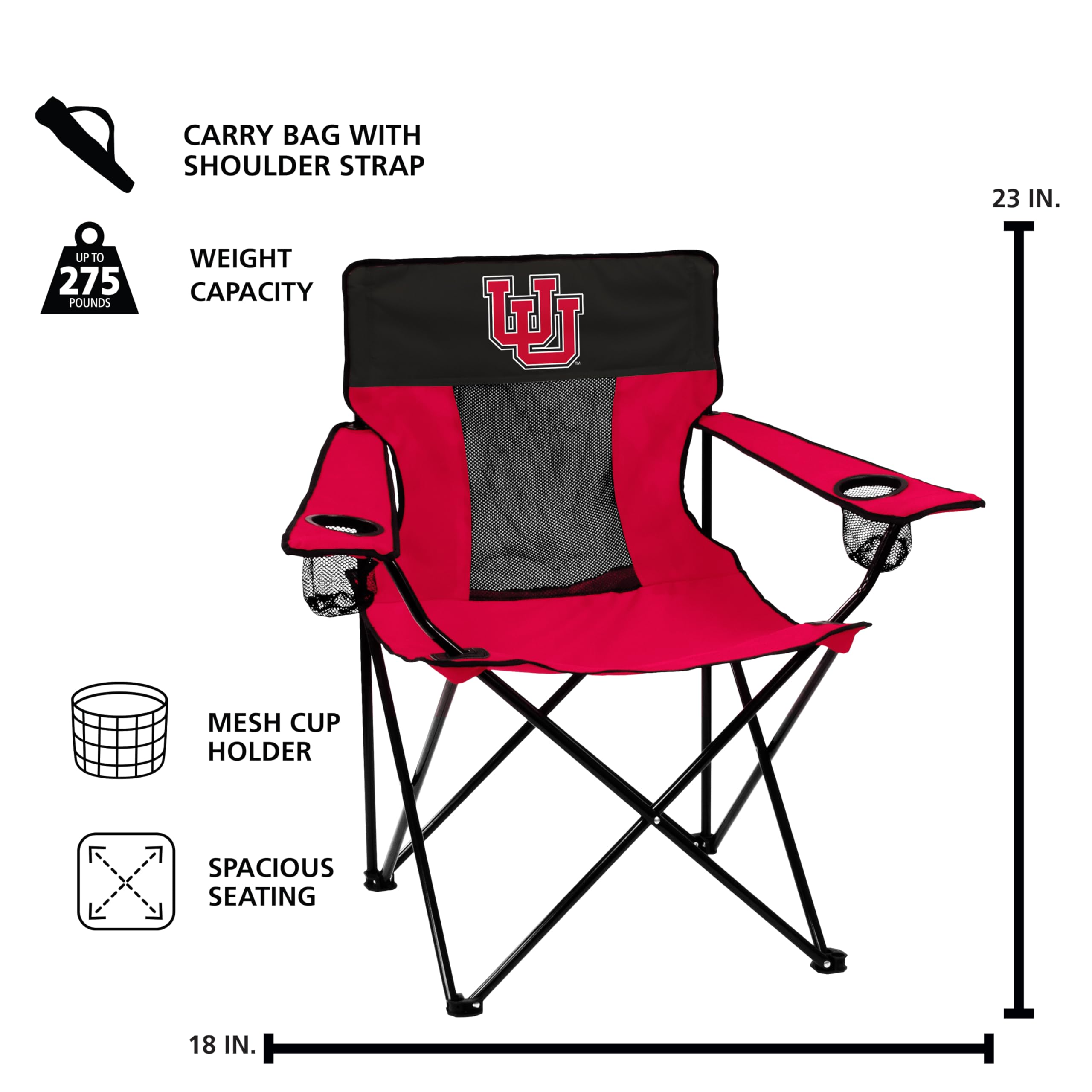 Logo Brands NCAA Utah Utes Elite Portable Chair - Premium Outdoor Chair with Cup Holder, Powder-Coated Steel Frame, Lightweight and Portable for Tailgating,and Sporting Events