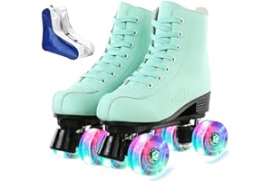 XUDREZ Roller Skates for Women Cozy Green PU Leather High-top Roller Skates for Beginner, Indoor Outdoor Double-Row Roller Sk