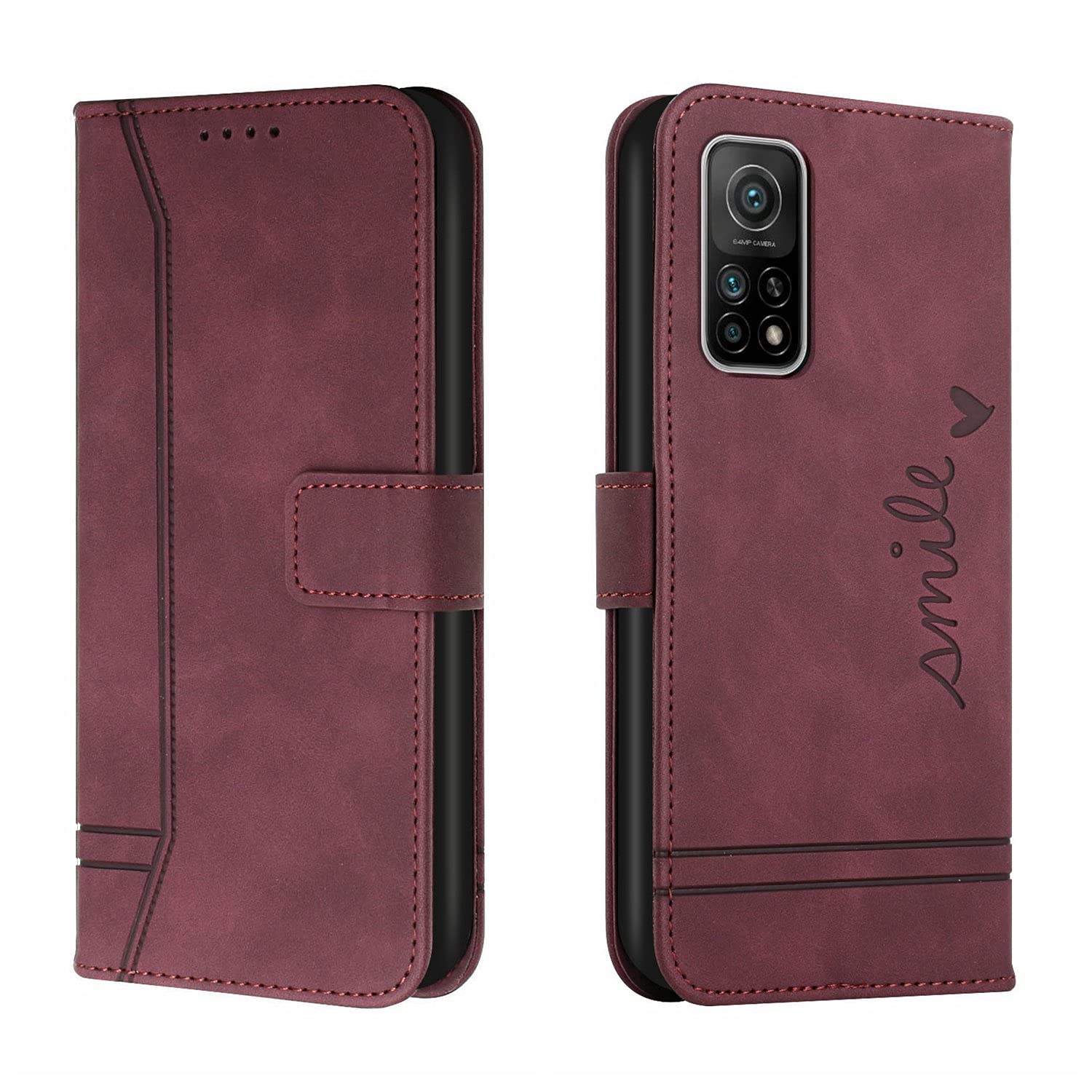 QIWEIQING Xiaomi Mi 10T Pro Wallet Case, Xiaomi Mi 10T Magnetic PU Leather Case mit Credit Card Holder, Protective Folio Compatible with Xiaomi Mi 10T / Mi 10T Pro.Wine Red HX
