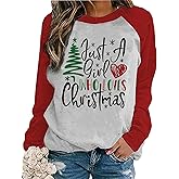 Susongeth Just A Girl Who Loves Christmas Tree Sweatshirt Shirts for Women Xmas Splicing Long Sleeve Pullover Shirt Top